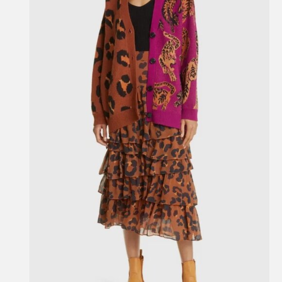 Farm Rio Caramel Maxi Leopard Frill Ruffle Skirt Brown/Black Size XL NWT - Picture 2 of 11